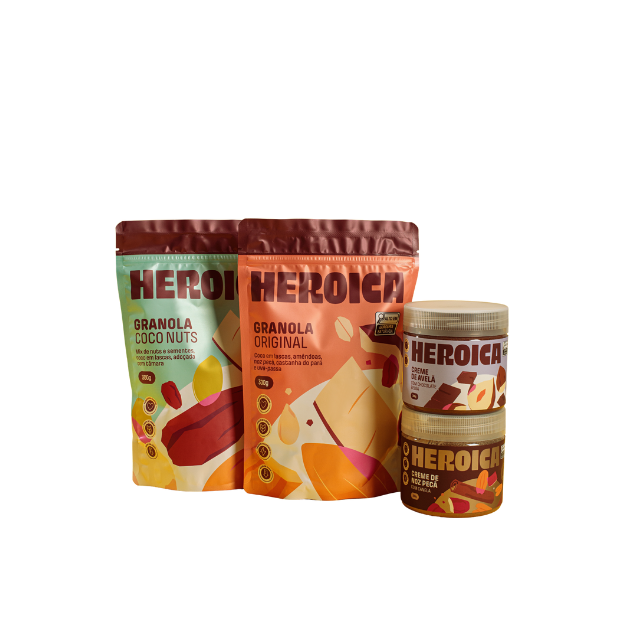 Combo Experiência Heroica - 1 Granola Original 300g, 1 Granola Coco Nuts 300g, 1 Creme de Noz Pecã 300g e 1 Creme de Avelã 300g